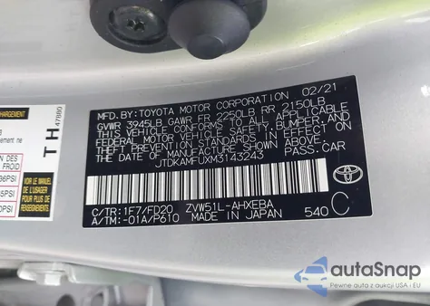 2021 Toyota Prius Le из США, поврежденный, VIN JTDKAMFUXM3143243